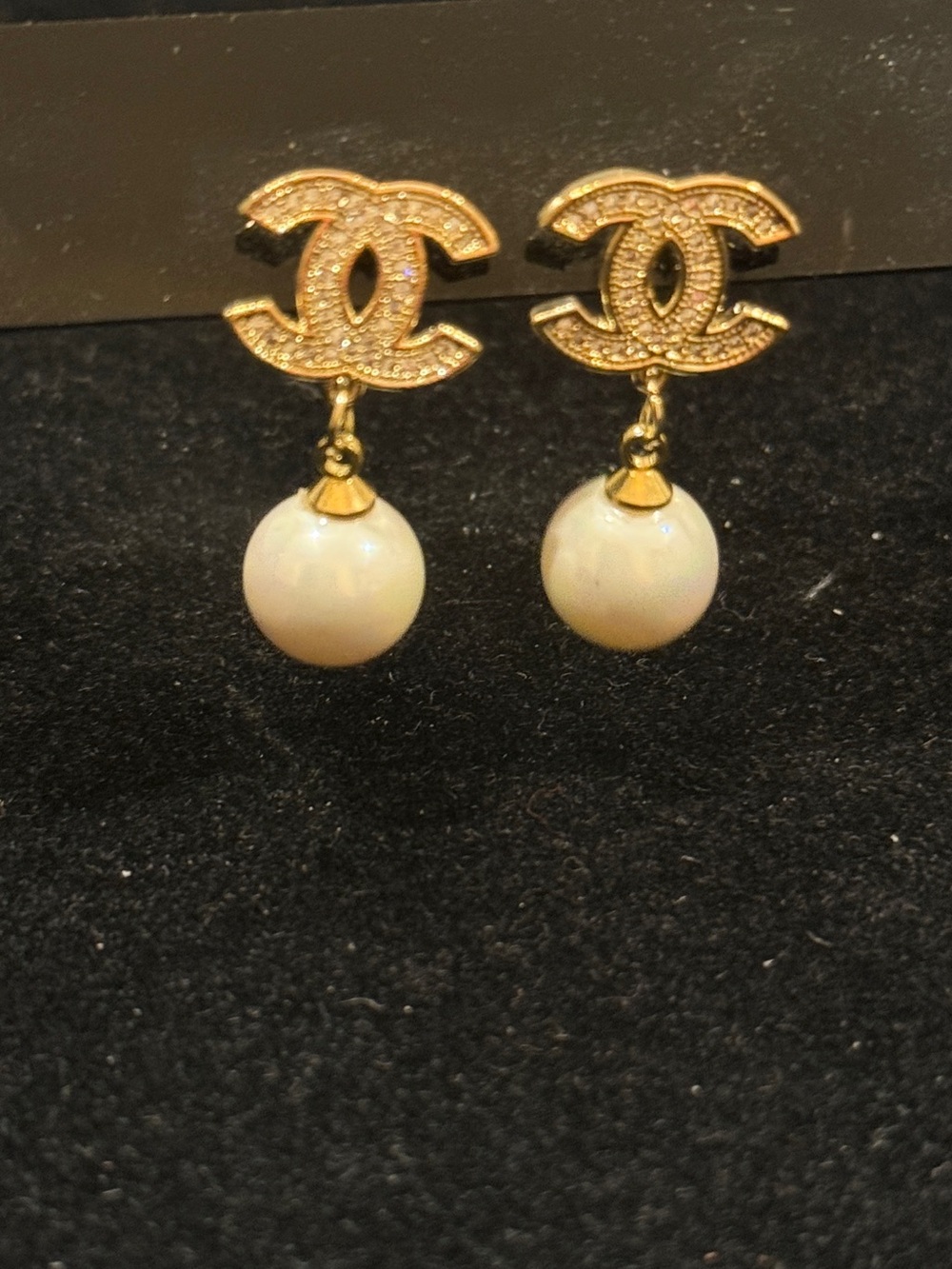 Gold Pearl Drop Logo Earrings
